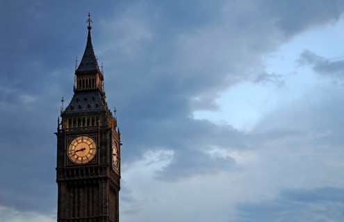 Big Ben (detail) at dusk, Bridge Street, SW1 London, England, Great Britain