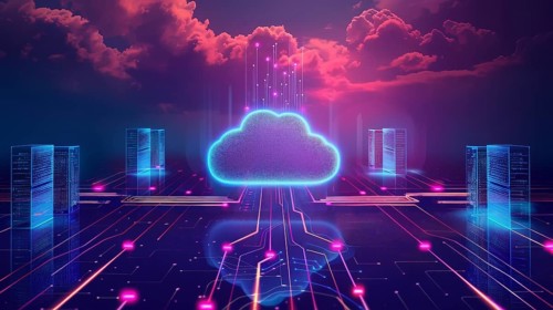 Cloud computing concept with a neon blue cloud and data centers under a digital sky, AI generated