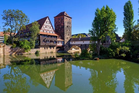 Water tower and wine barn, Maxbruecke an der Pegnitz, Nuremberg, Middle Franconia, Franconia,