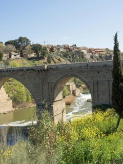 Stone bridge with arches over a river, surrounded by vegetation and a sunny landscape, historic