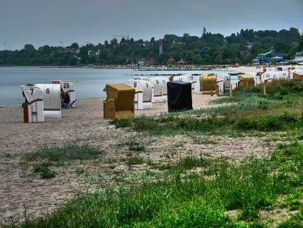 Several beach chairs stand on a sandy beach along the coast with dense vegetation and hills in the