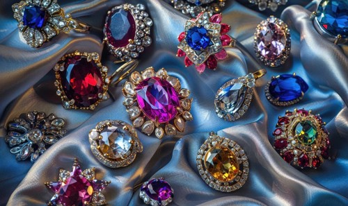 A captivating photograph showcasing a collection of vibrant gemstone brooches arranged on a