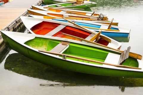 Rowing boats, Freibergsee, near Oberstdorf, Allgaeu, Bavaria, Germany, Europe