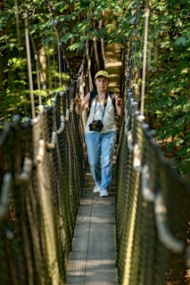 Sporty woman, tourist with camera in treetop path, suspension bridges, ropes, nets, beech forest,