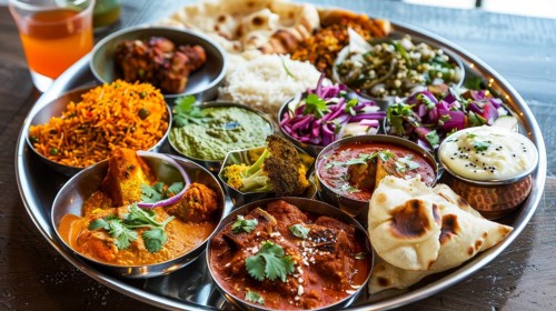 A traditional Indian thali filled with a variety of colorful, spiced dishes, AI generated