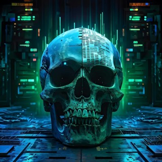 Broken skull with a cascade of binary digits forming a tidal wave stream, AI generated