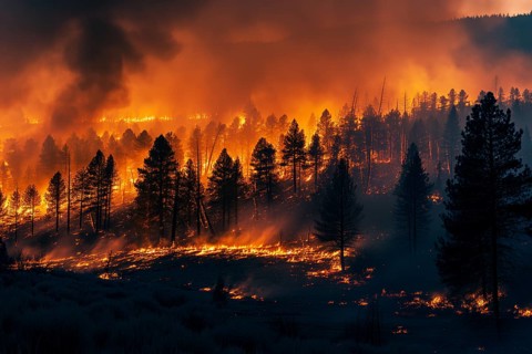 View of a forest fire is raging through a forest, with smoke and flames visible in the air. The