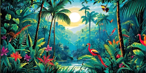 AI generated illustration of an enchanted fairy tale jungle inhabited by magical fantasy animals in