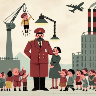 An authoritarian leader stands with children and machinery around, representing propaganda and