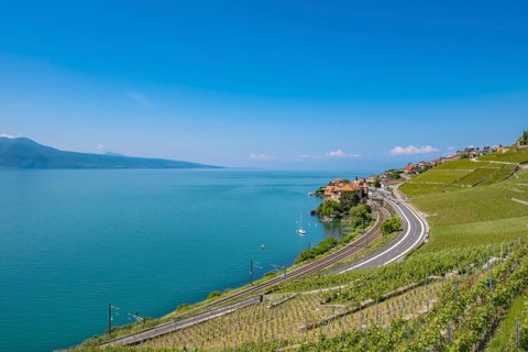 View of Lake Geneva surrounded by mountains, with vineyards and a village along a winding road
