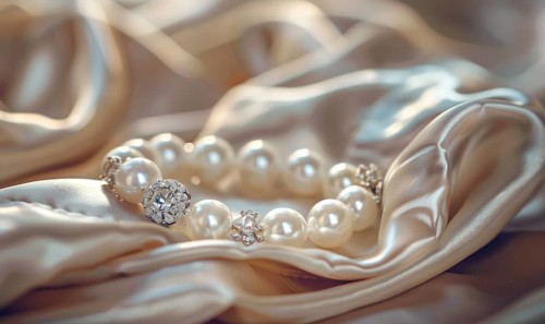 A pearl bracelet adorned with intricate charms resting on a luxurious satin material background AI