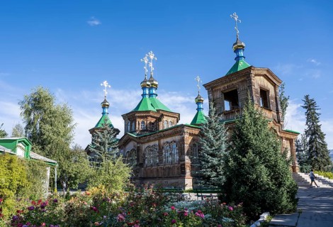 Russian Orthodox Church Cathedral of the Holy Trinity, wooden church with green spires, Karakol,