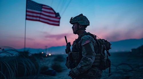 American patriot soldier stand in front of the flag. Concept of fighting for freedom and democracy,