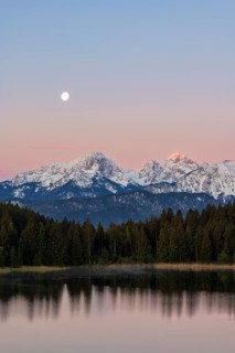 Allgaeu Alps, view from Hegratsrieder See, snow, dawn, moon, Allgaeu, Bavaria, Germany, Europe