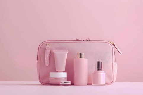 A pink purse with makeup and other cosmetic beauty items on a table, AI generated