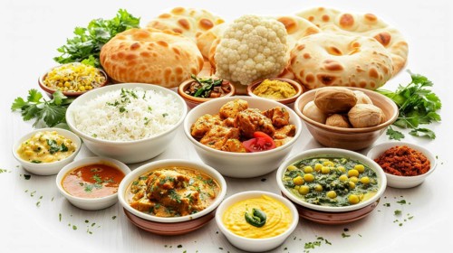 A diverse spread of Indian cuisine with rice, naan, and multiple vegetarian dishes, AI generated