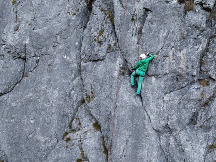 Sport climbing with rope, climber on a rock face, Frauenwasserl climbing garden, Ammergau Alps,