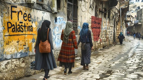 Free Palastina is written in black on the wall of a house, three veiled woman walk past on the