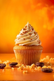 Cupcake with frosting swirls against orange background, AI generated