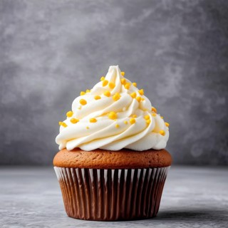 Cupcake with swirls of buttercream frosting in vanilla against grey background, AI generated