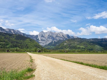 Field path leads through farmland, mountain range behind, near Woerschach, Ennstal, Styria,