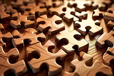 Illustration of scattered wooden puzzle pieces sprawled across as a wallpaper background, AI
