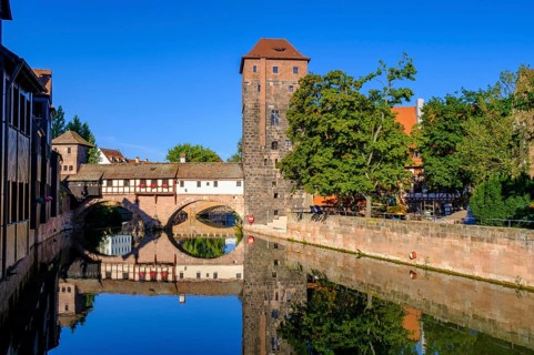 Water tower and hangman's bridge, on the Pegnitz, Nuremberg, Middle Franconia, Franconia, Bavaria,