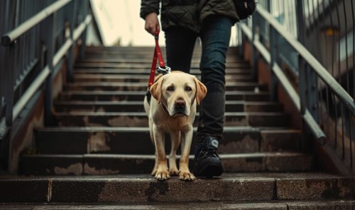 A guide dog assisting its owner in navigating through a crowded train station AI generated
