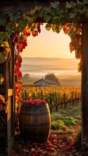 Rustic vineyard cottage nestled in a canopy of vines leaves showcasing autumns color palette in the