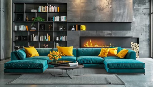 Modern living room in a condo or loft with modern trendy furniture, AI generated