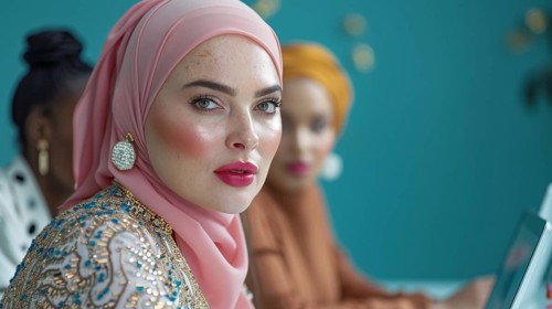 An elegant woman in a hijab sits at a desk in an office, looking empowered, ai generated, AI