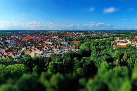 Aerial view of the historic old town of Schwabach with a view of the town church of St John and St