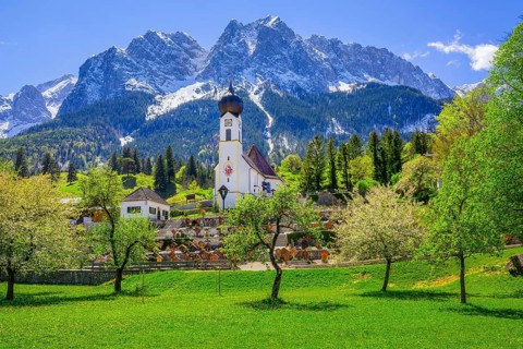Spring meadow with blossoming trees and parish church in front of the Grosser Waxenstein 2277m in