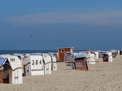 Sandy beach with many white beach chairs, some numbered, blue sky, dunes and beach at the sea with