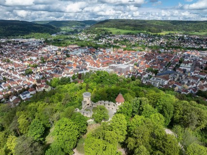 Aerial view of the Honburg castle ruins on the Honberg with the town of Tuttlingen, district of