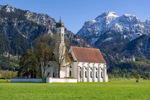 Pilgrimage church of St Coloman in spring, behind Neuschwanstein Castle, Schwangau, Fuessen,