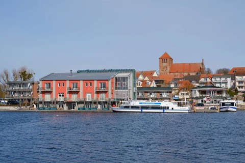 Town view with town harbour on Lake Mueritz, St. Georgen Church, Waren, Mueritz, Mecklenburg Lake