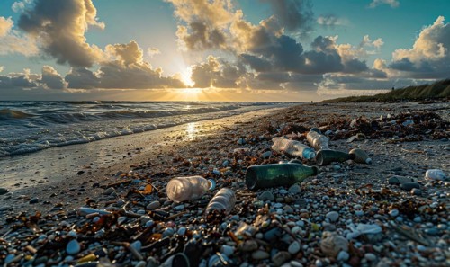 Beach littered with plastic bottles and garbage, ecological problems AI generated