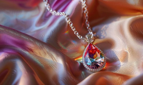 A stunning gemstone pendant suspended on a delicate chain against a backdrop of silky satin