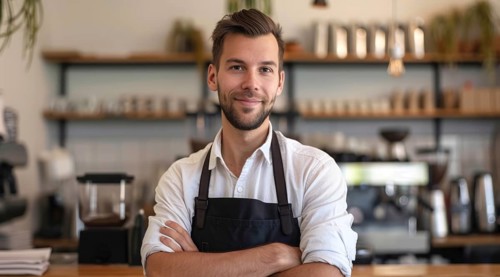 Small business owner stands in front of a counter with apron on and a smile on his face, AI