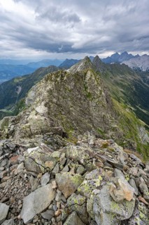 Mountain landscape with rocky ridge at the summit of the Raudenspitze or Monte Fleons, mountain