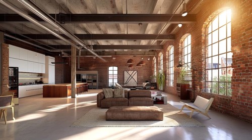 Modern living room in a condo or loft with modern trendy furniture, AI generated