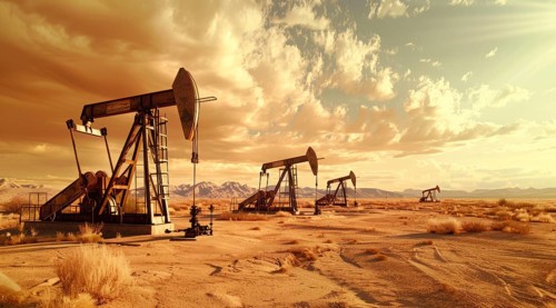 Large oil rig is in the desert. Concept of oil exploration, earth exploitation and corporate greed,