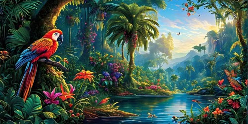AI generated illustration of an enchanted fairy tale jungle inhabited by magical fantasy animals in
