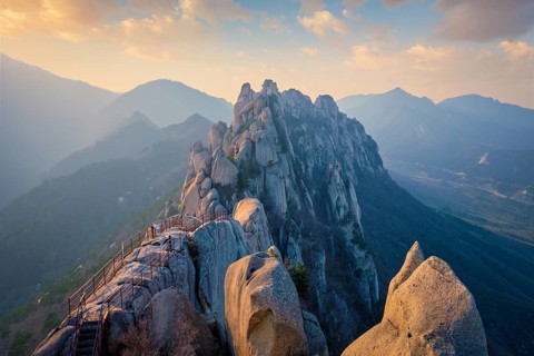 View of stones and rock formations from Ulsanbawi rock peak on sunset. Seoraksan National Park,