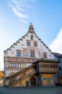 Old town hall with colourfully painted, richly decorated facade with open staircase, Lindau Island,