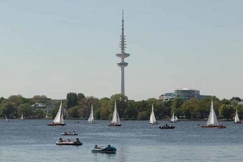 Symbolic picture weather, leisure activity, summer spring, sailing boats, pedal boats and