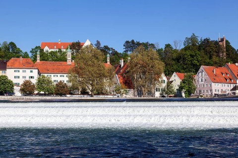 Historic old town centre of Landsberg am Lech, in front of the Lech weir, Upper Bavaria, Bavaria,