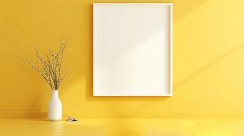 Empty frame on a yellow wall with a vase and flowers on the left, sunlight creating shadows, AI