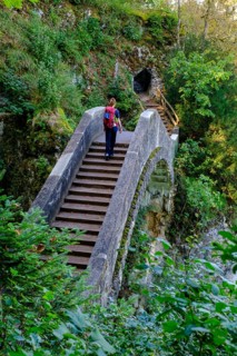 Hikers on the Devil's Bridge on the Danube, Inzigkofen Princely Park near Sigmaringen, Upper Danube